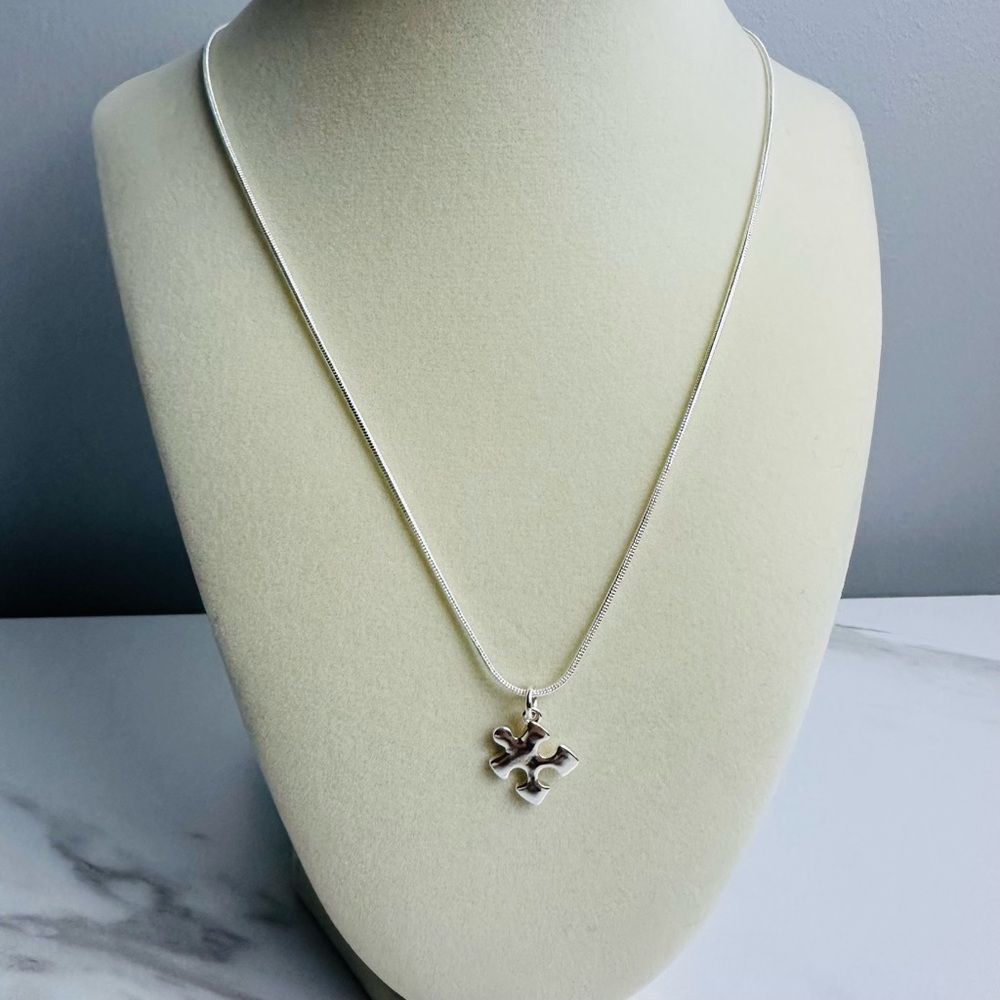 Silver-Plated Puzzle Piece Pendant Necklace | Snake Chain | NWOT
